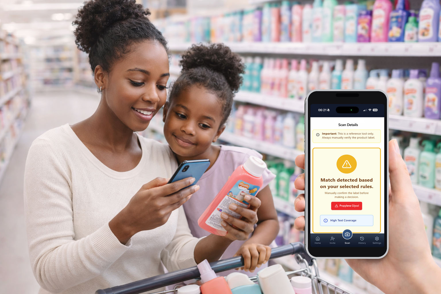 Mother and daughter shopping in a store, using a smartphone app that detects a warning for propylene glycol in a product.