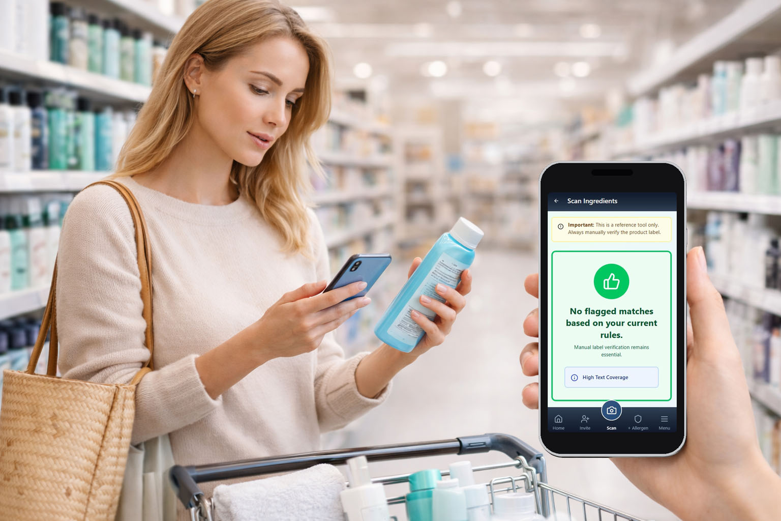 Woman in store scanning a product's label with a smartphone showing no allergy flag matches on the app screen.