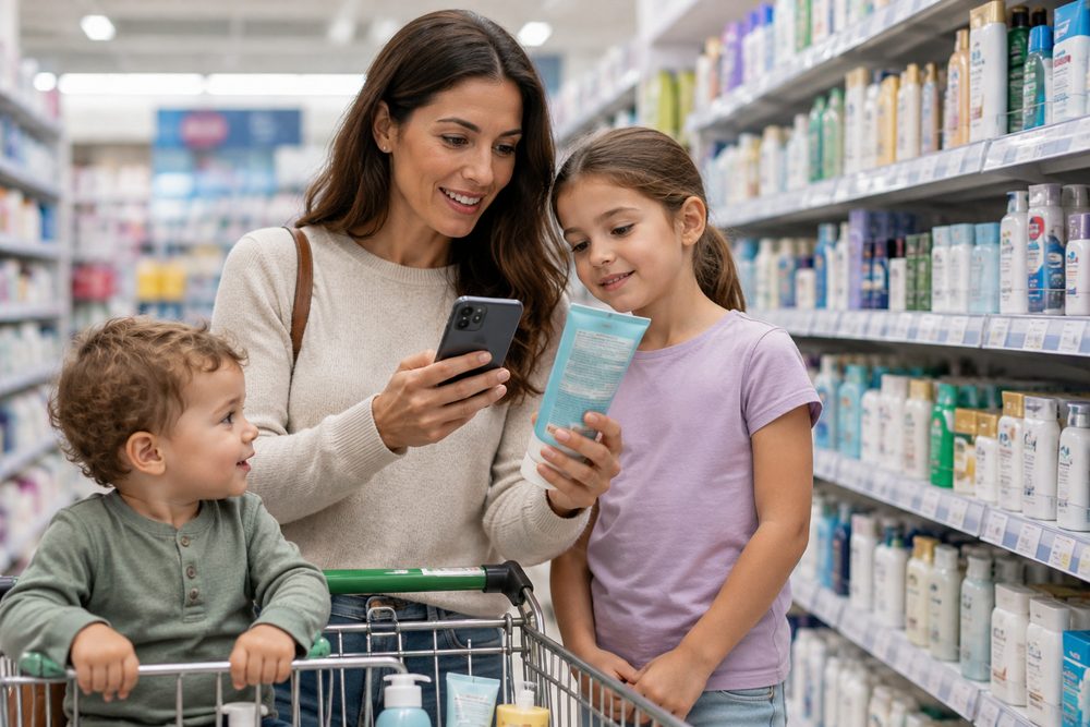 A parent checks a product label on their phone while shopping with two young children in a supermarket aisle.