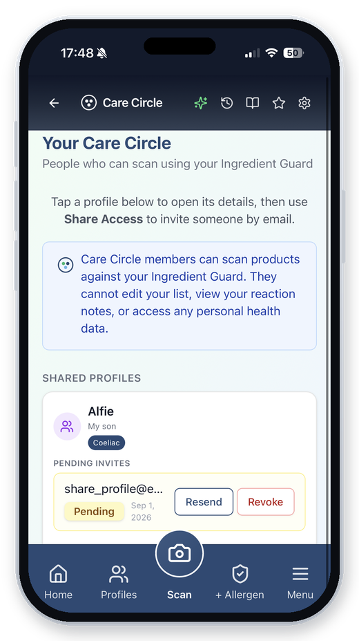 ClearaScan Care Circle screen showing a shared profile and a pending invite.