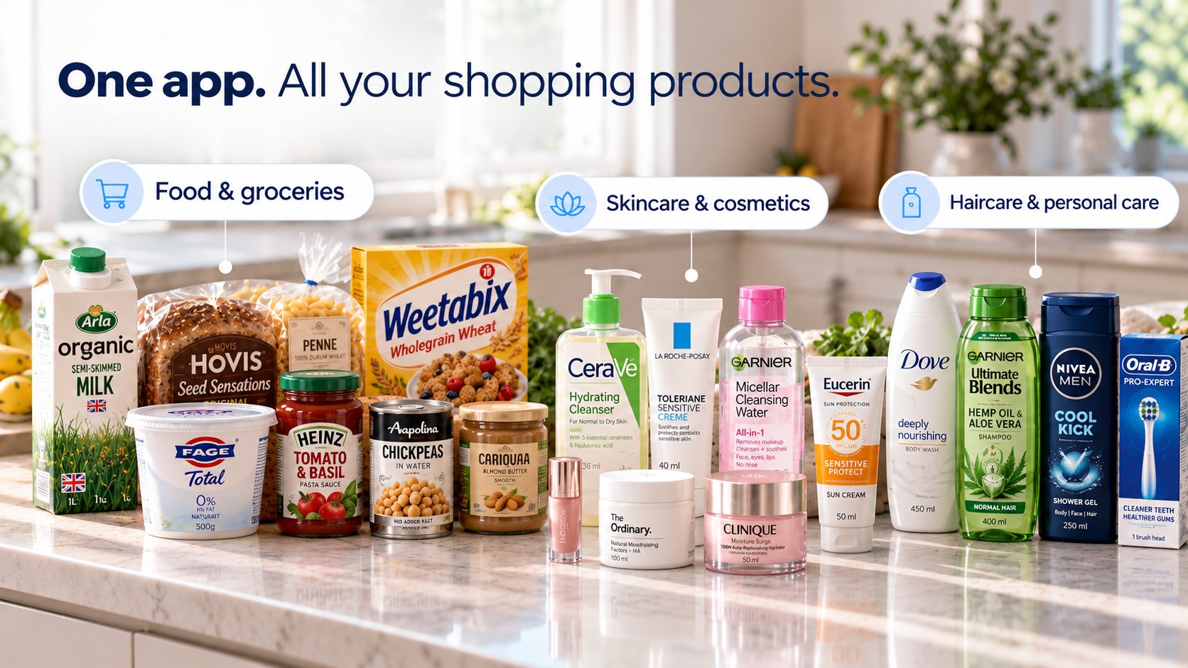 Food, skincare, haircare and personal care products together on a kitchen counter.