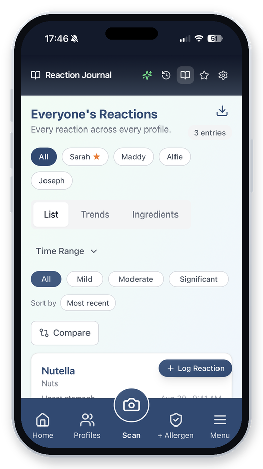 ClearaScan Reaction Journal screen listing reactions across profiles.