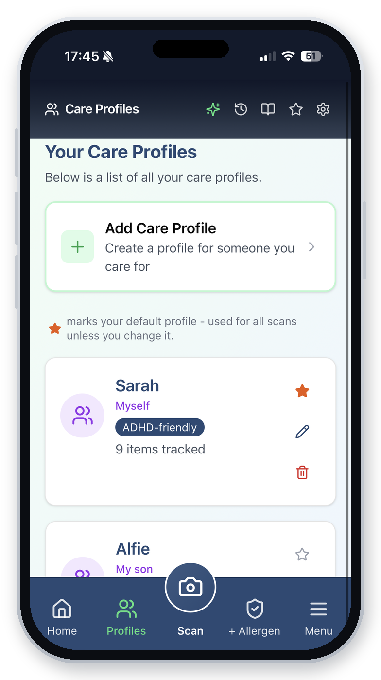 ClearaScan care profiles screen showing the different people you look after.
