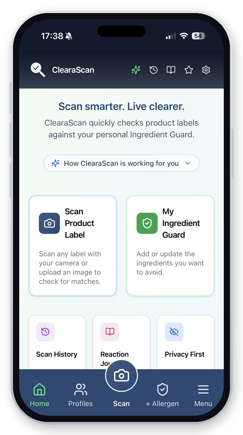 ClearaScan app home screen showing Scan Product Label and My Ingredient Guard.