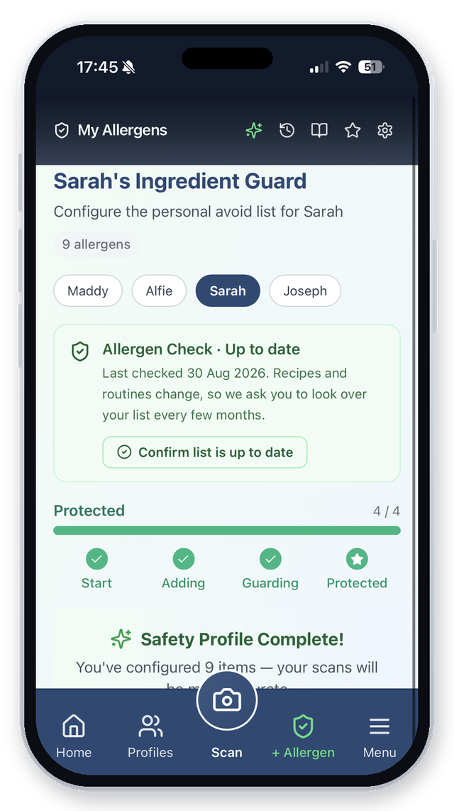 ClearaScan Ingredient Guard screen where you add ingredients to look out for.