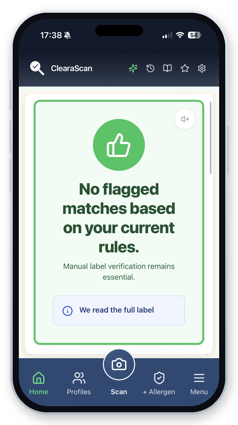 ClearaScan result screen with a green check and the message no flagged matches based on your current rules.